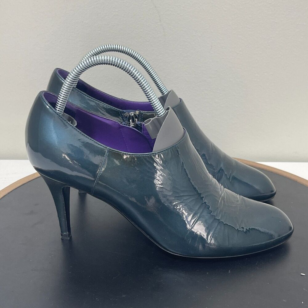 Sergio Rossi Teal Patent Leather Iridescent Ankle Booties Heels 7.5 / 38.5 Italy